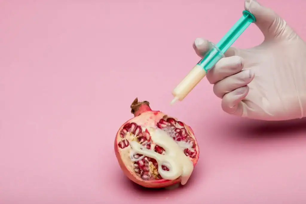 Vaccine syringe above pomegranate on pink background, concept of health and nutrition.
